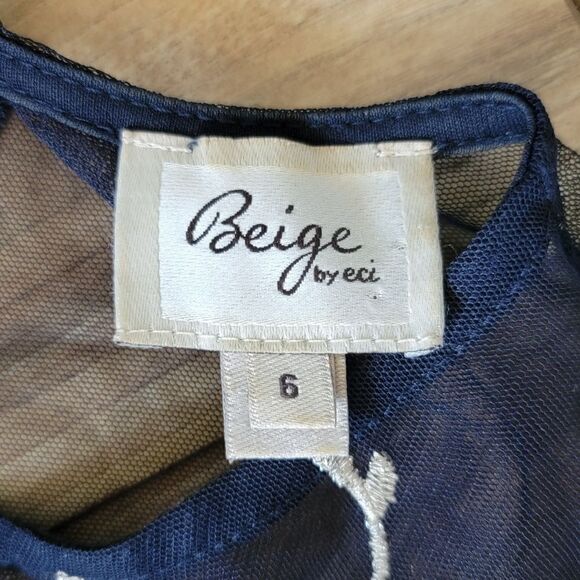 Beige by ECI Embroidered Tulle Illusion Midi Dress in Black Navy - Picture 10 of 13